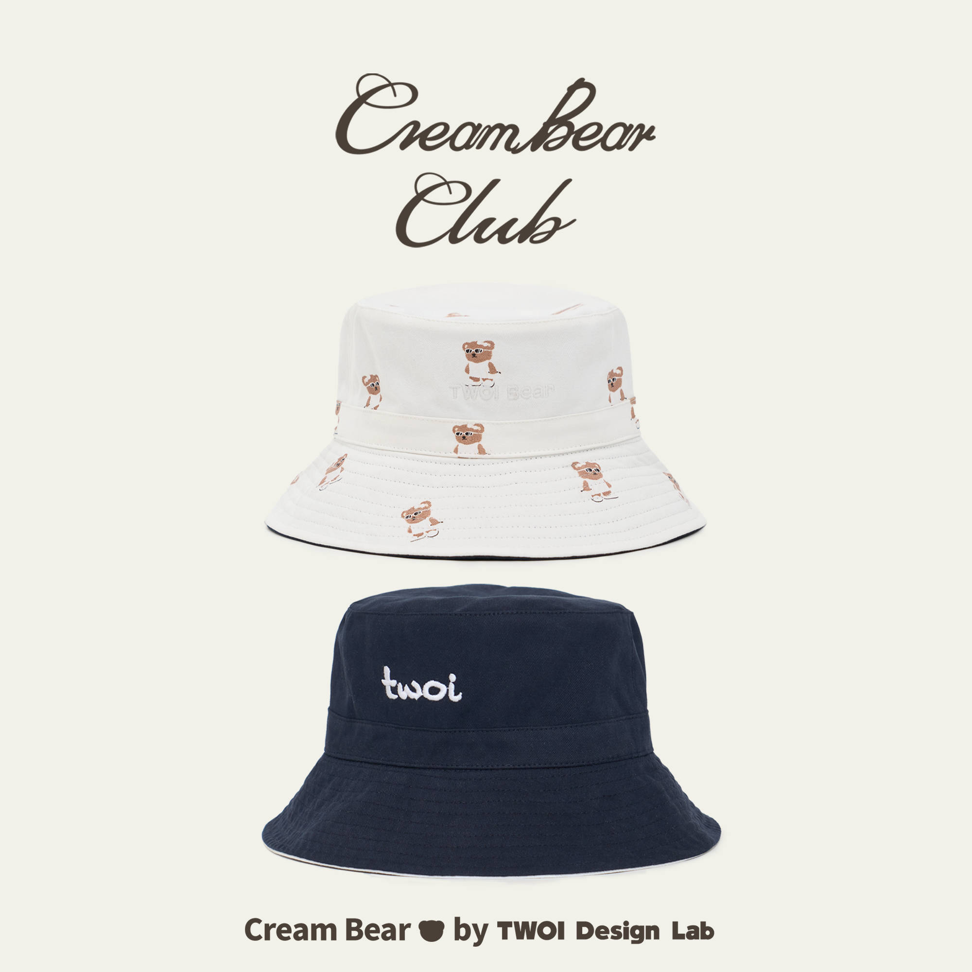 TWOI Design Lab "Cream Bear系列"「满印刺绣小熊双面渔夫帽」