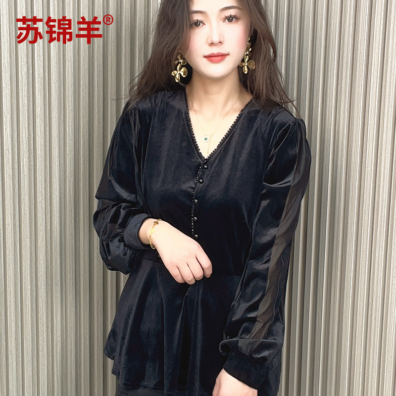 中年女士春秋装打底小衫百搭修身显瘦洋气质黑色V领长袖春季上衣