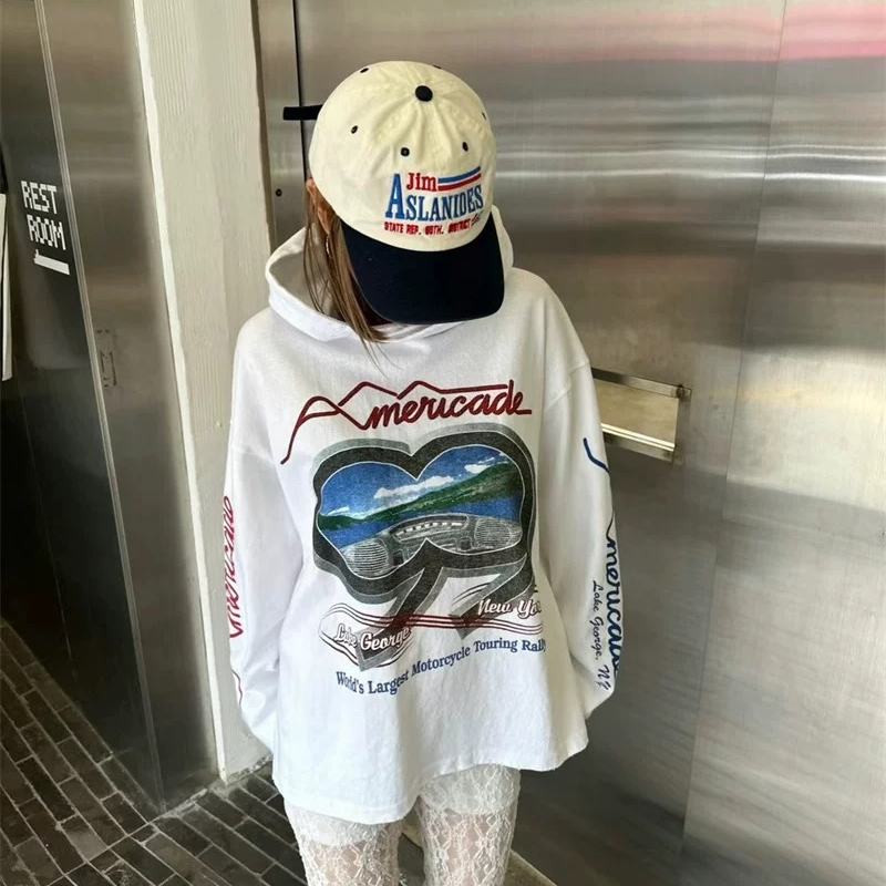 现货GARMENT-P韩国东大门25春季新款时尚字母印花连帽百搭长袖T恤