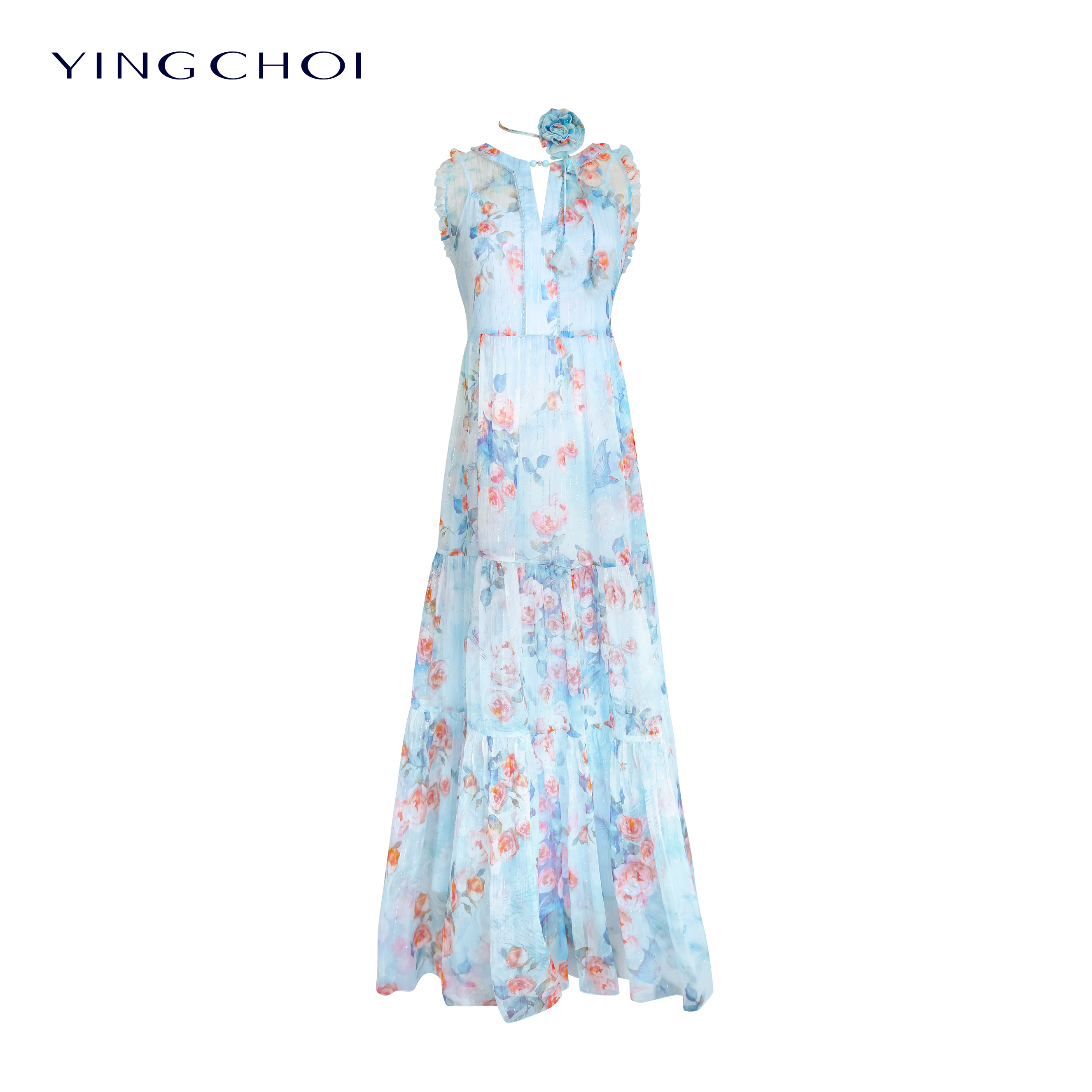 【彭彭echo专属】YINGCHOI 浅蓝色桑蚕丝印花无袖宽松连衣裙32335