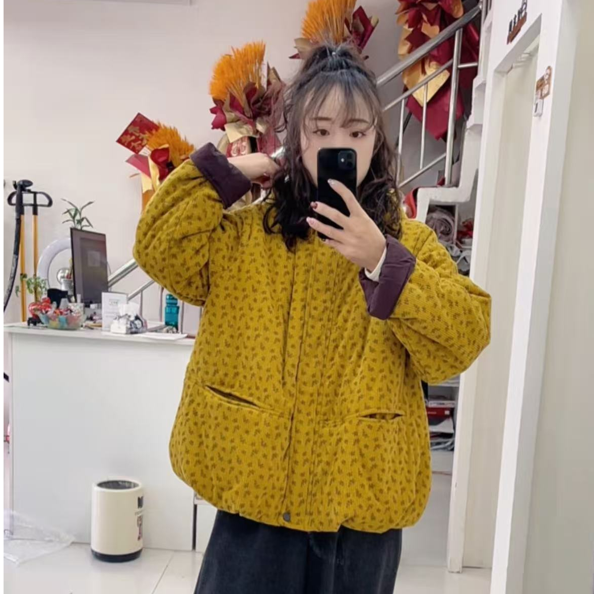 12861时尚百搭小碎花连帽棉外套冬款-25096冬季秋冬加厚短款休闲