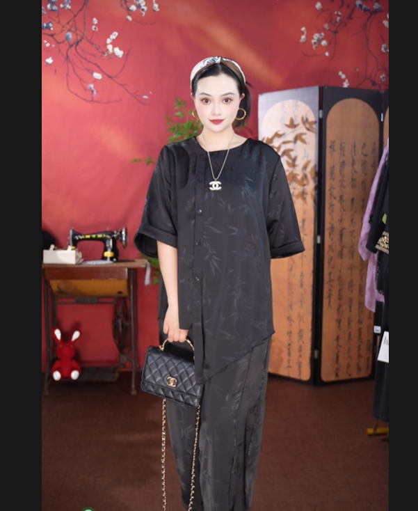 【118#1734】黑色竹叶印花阔腿裤-F/高级时尚百搭裤子