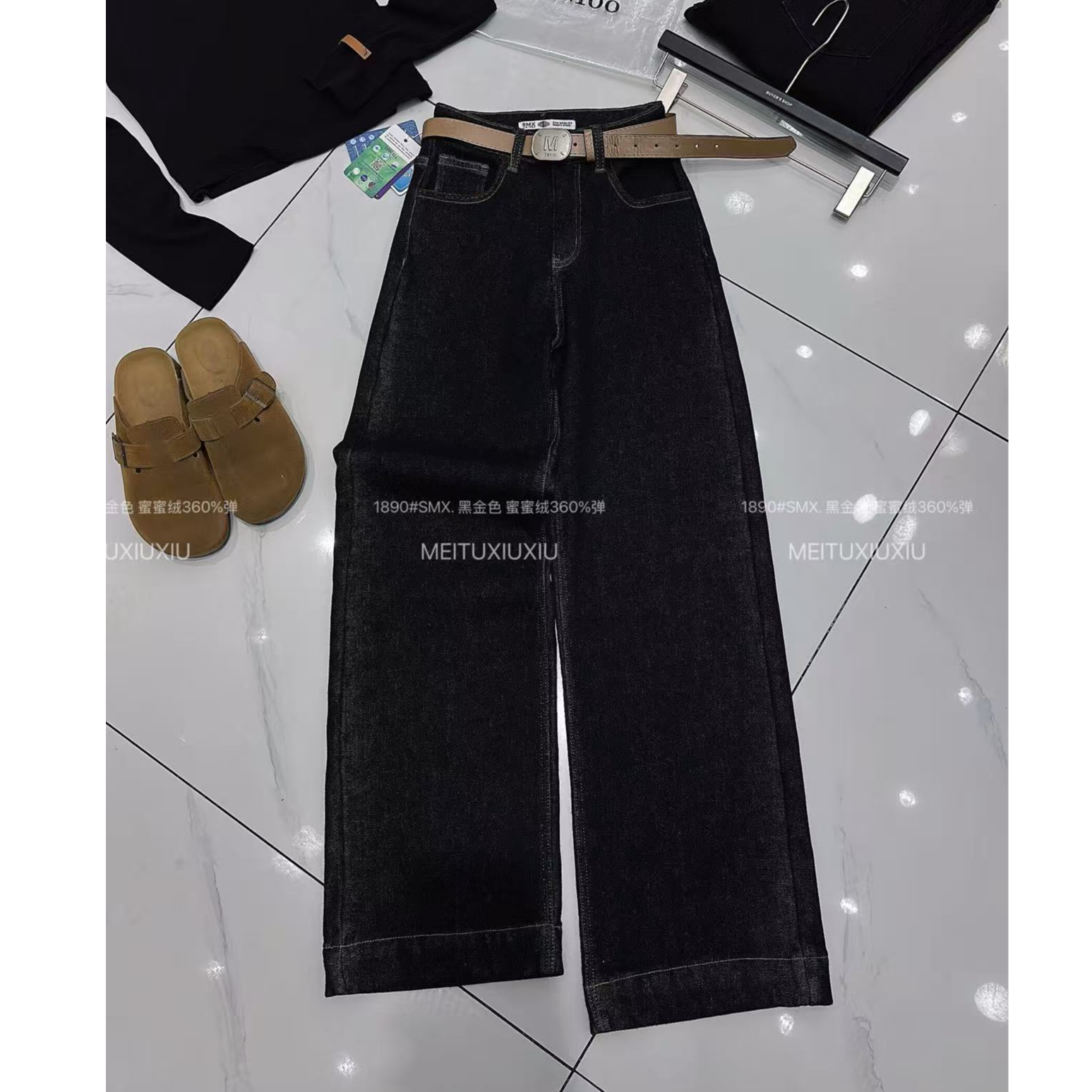 格子推荐~加绒加厚高弹密密绒牛仔裤配皮带1890