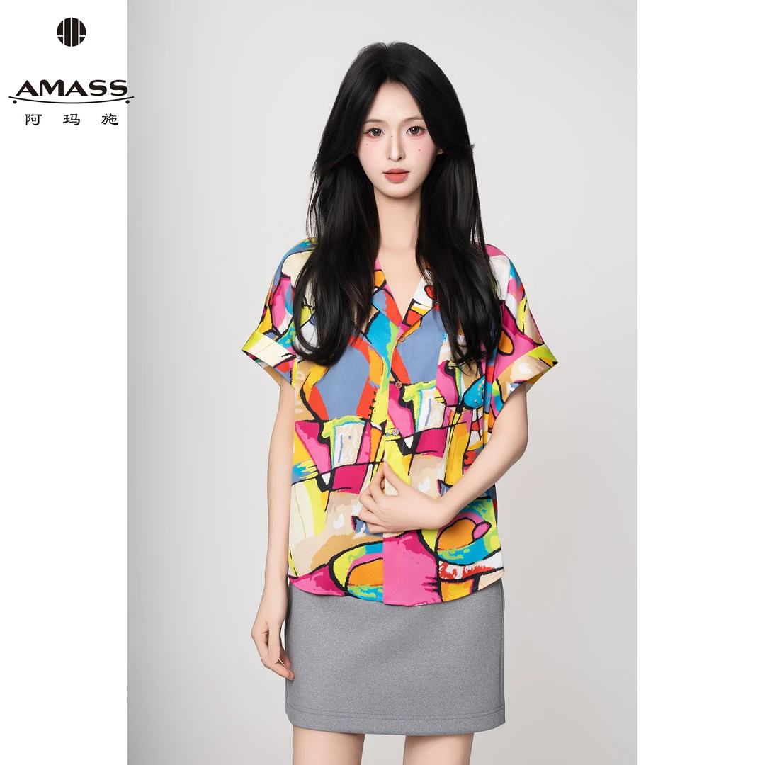 AMASS/阿玛施新款衬衫印花新潮风衬衫短袖女士休闲上衣百搭530066