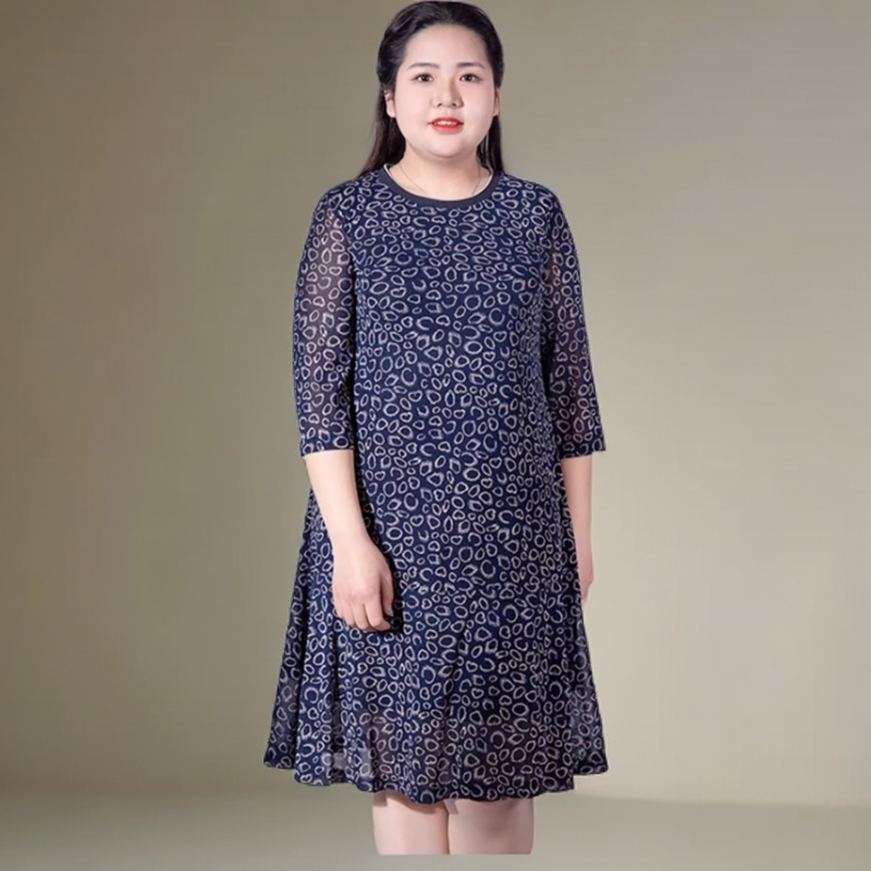 胖太太大码女装夏装新款时尚几何图案圆领七分袖连衣裙822221140