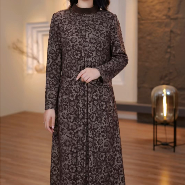 2025秋冬新款加厚提花连衣裙大码女装显瘦遮肉妈妈装SXE-25-5712