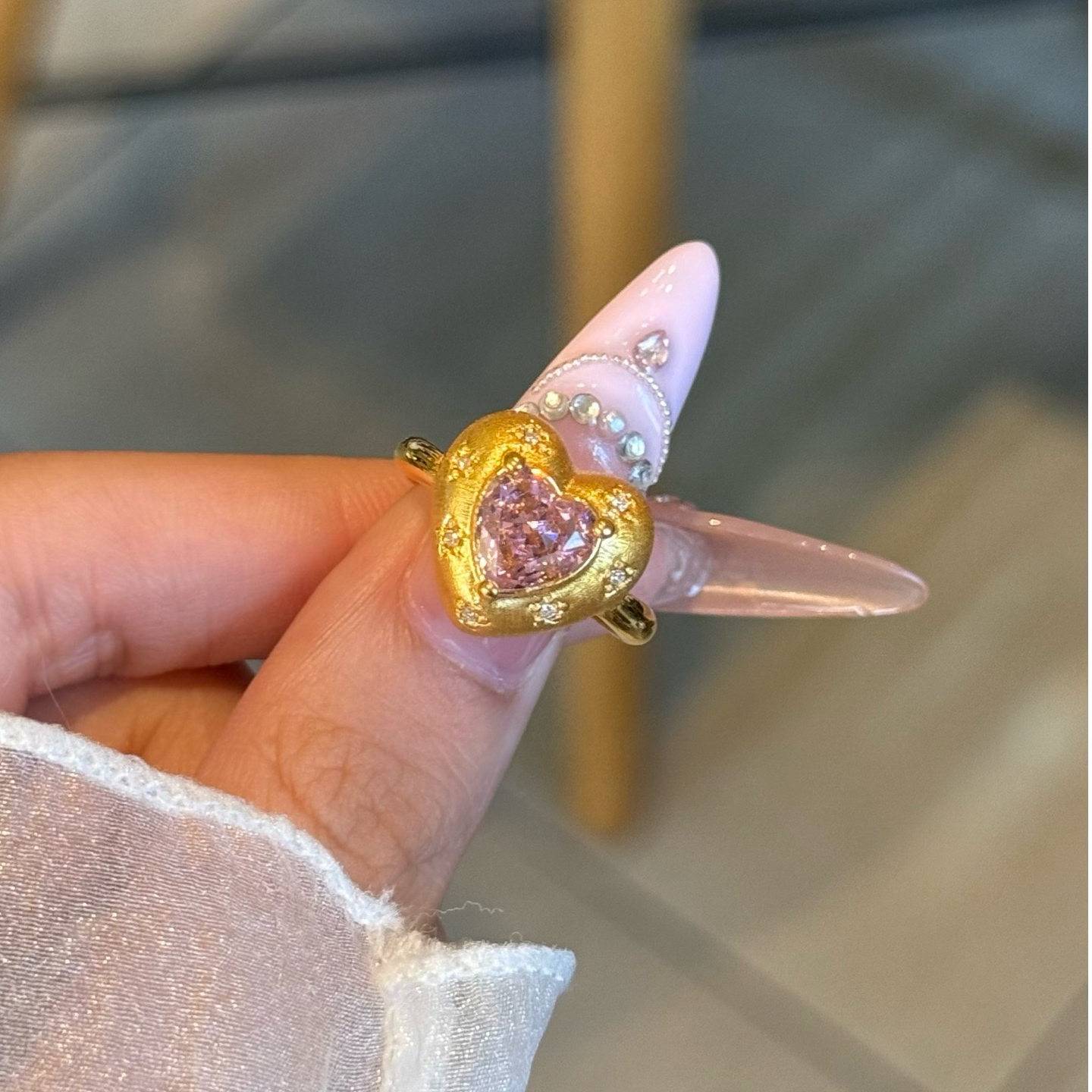 足金999 5D镶嵌拉丝爱心戒指 可爱精致黄金戒指