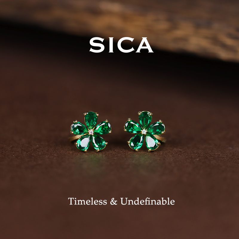 纯铜锆石耳饰 EH232【岸芷汀兰】新中式经典轻奢个性绿色五叶草耳扣