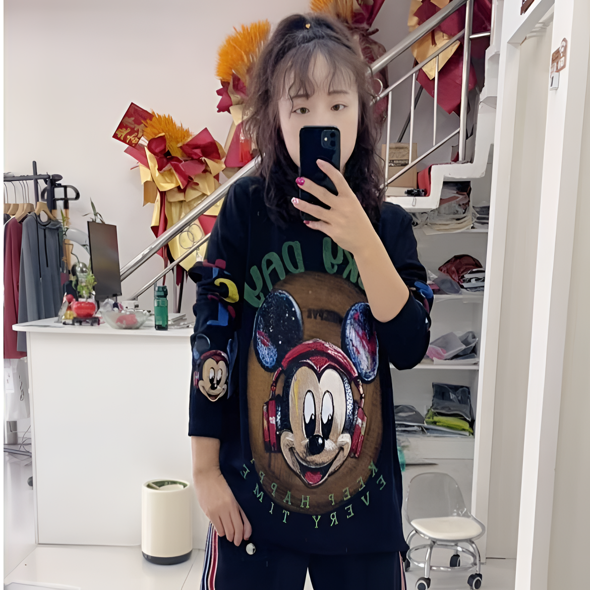 67欧版字母米奇重工弹力夏季打底衫-31256宽松黑色