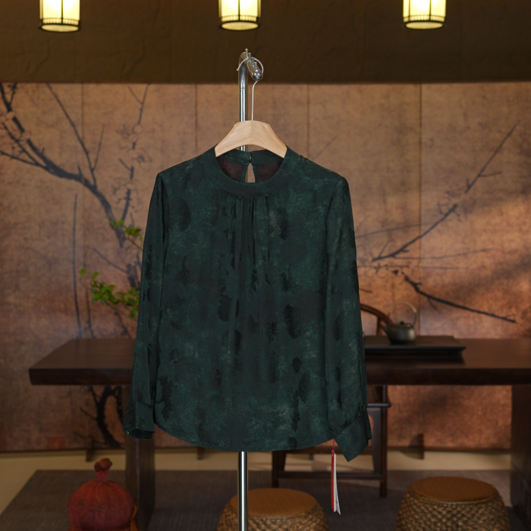 【青枝绿叶】重缎新中式国风香云纱扎染提花圆领长袖上衣