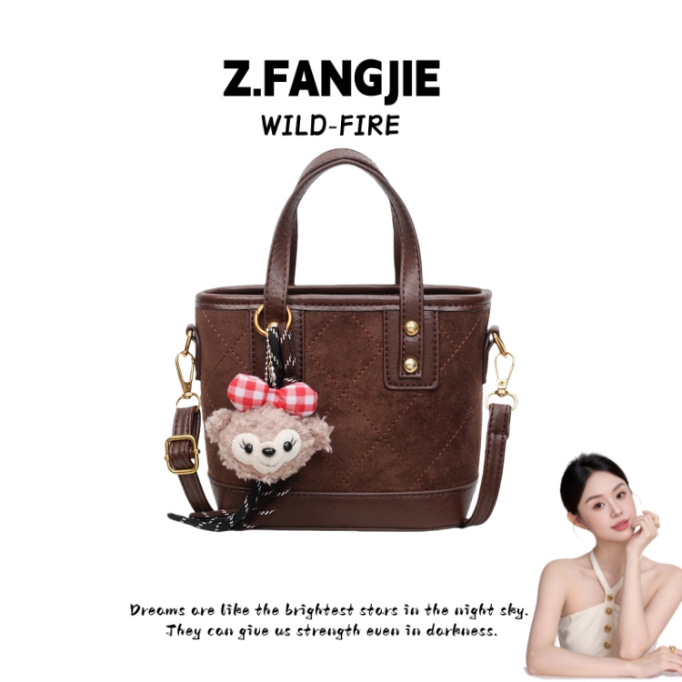 复古小众通勤斜挎包手提水桶包女秋冬新款菱格绣线上班通勤单肩包