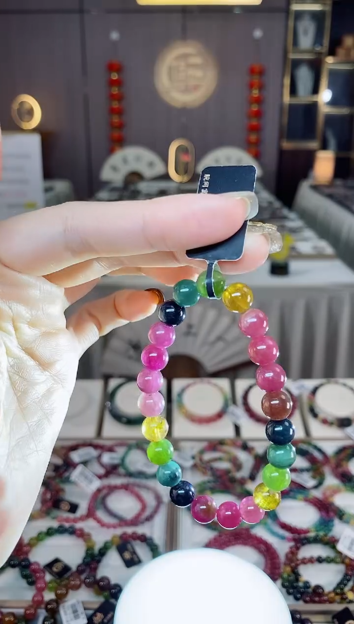 未镶嵌老矿碧玺色标彩虹单圈手串8mm+碧玺dan多样性发货一条