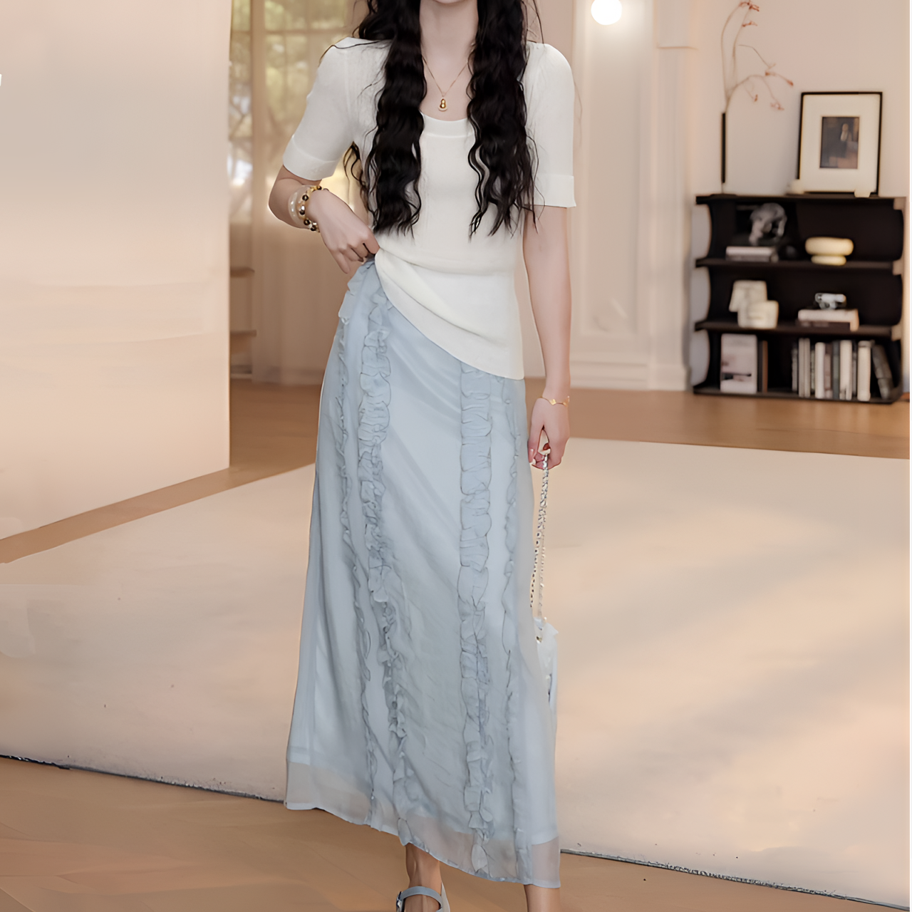 夏季新款时尚洋气短袖针织衫+半身裙两件套设计感减龄套装女