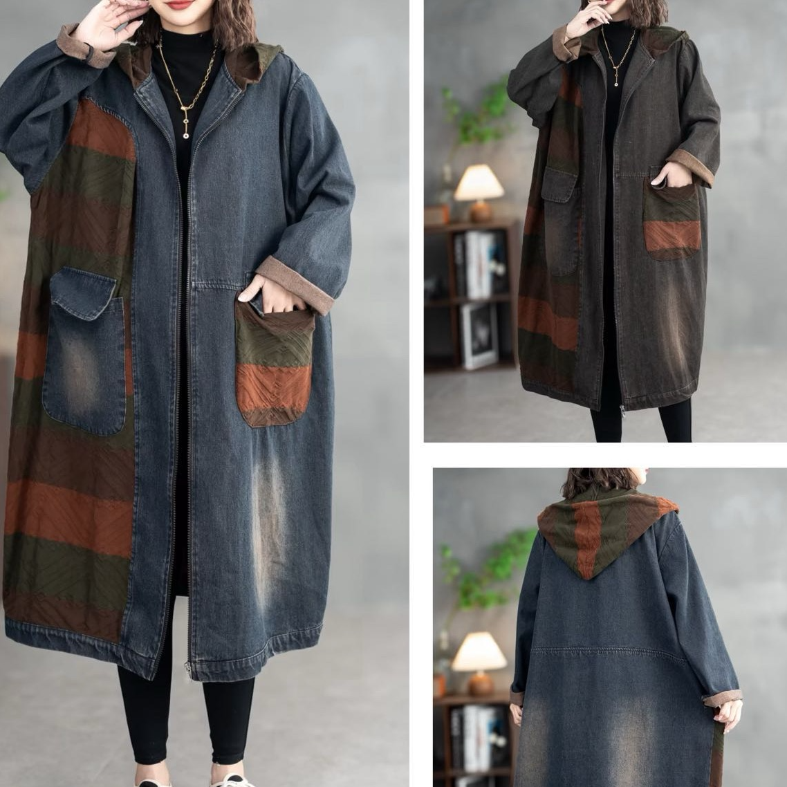 春季新款时尚牛仔针织拼接风衣休闲宽松连帽复古