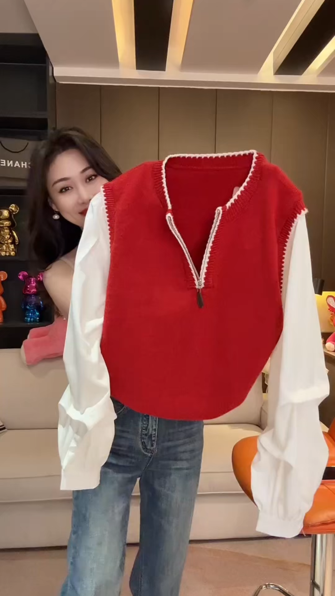 复古撞色半拉链圆领衬衫长袖假两件针织衫女时尚气质宽松显瘦上衣