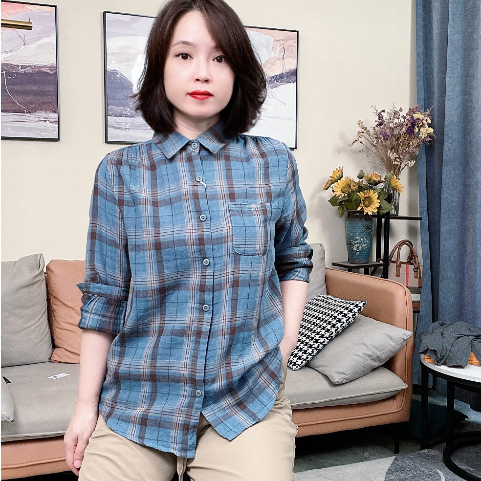 3250长袖格纹色织做旧格子方领衬衫上衣蓝色格子衬衫衬衣