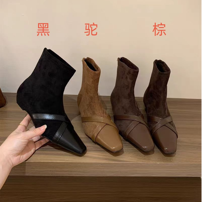（柚子同款）冬季新款交叉拼接尖头冬款加绒瘦瘦靴188-7