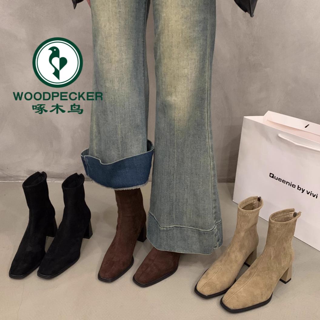 啄木鸟高跟韩系绒面马丁靴女2025新款秋冬季加绒方头瘦瘦短靴子女