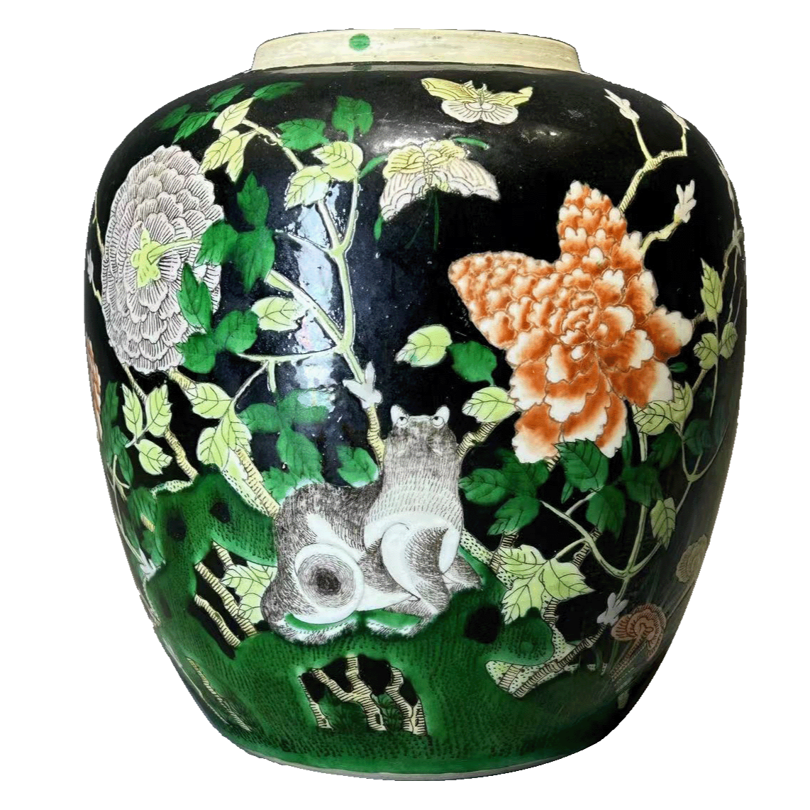 20292098x墨地五彩耄耋图花卉罐