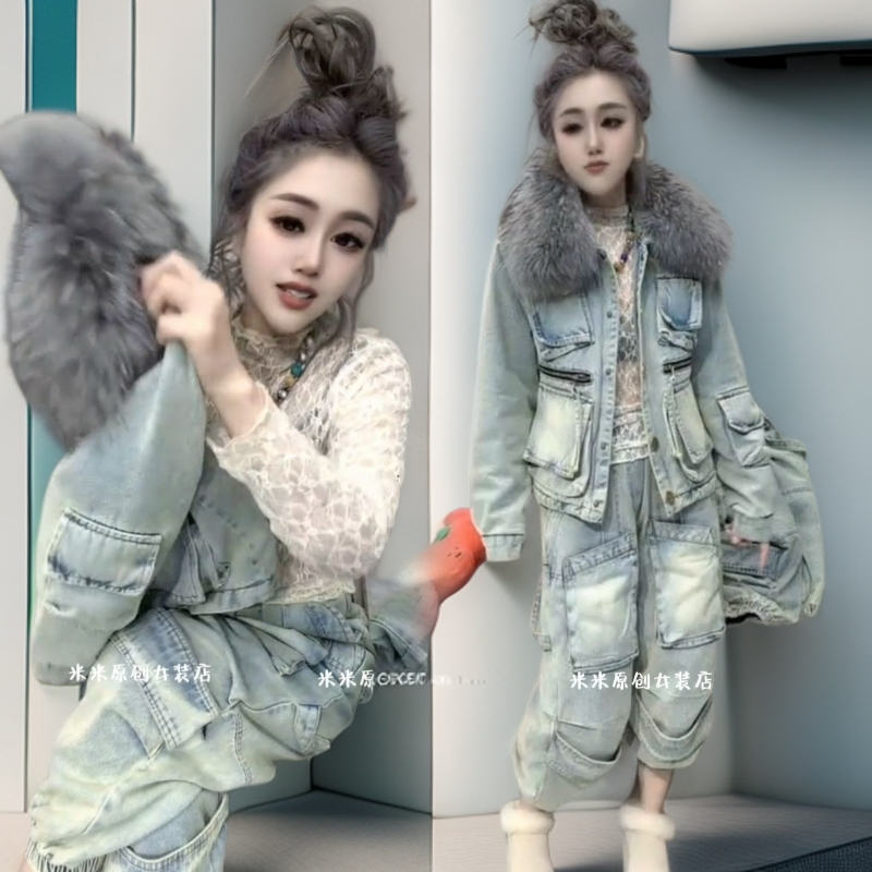 2025冬季欧洲站夹棉牛仔外套工装裤两件套重工水洗做旧加绒套装女