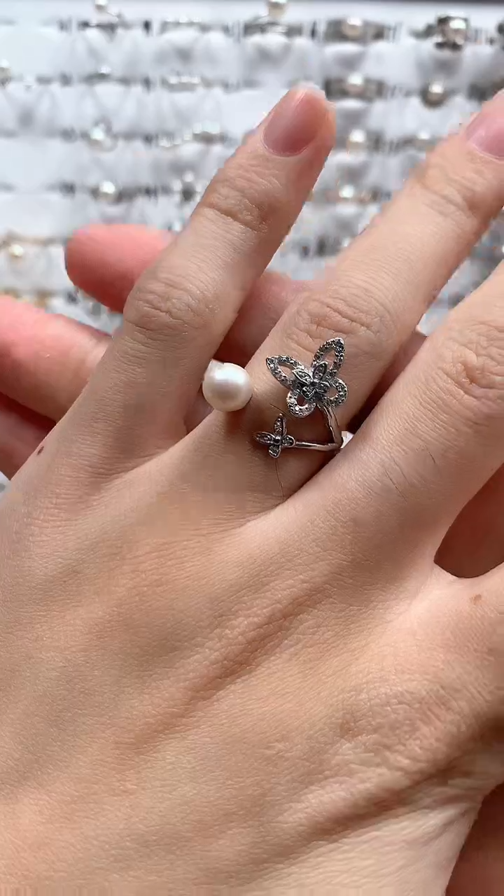 【闪购商品】海水珍珠戒指银S925镶嵌双蝴蝶珍珠戒指