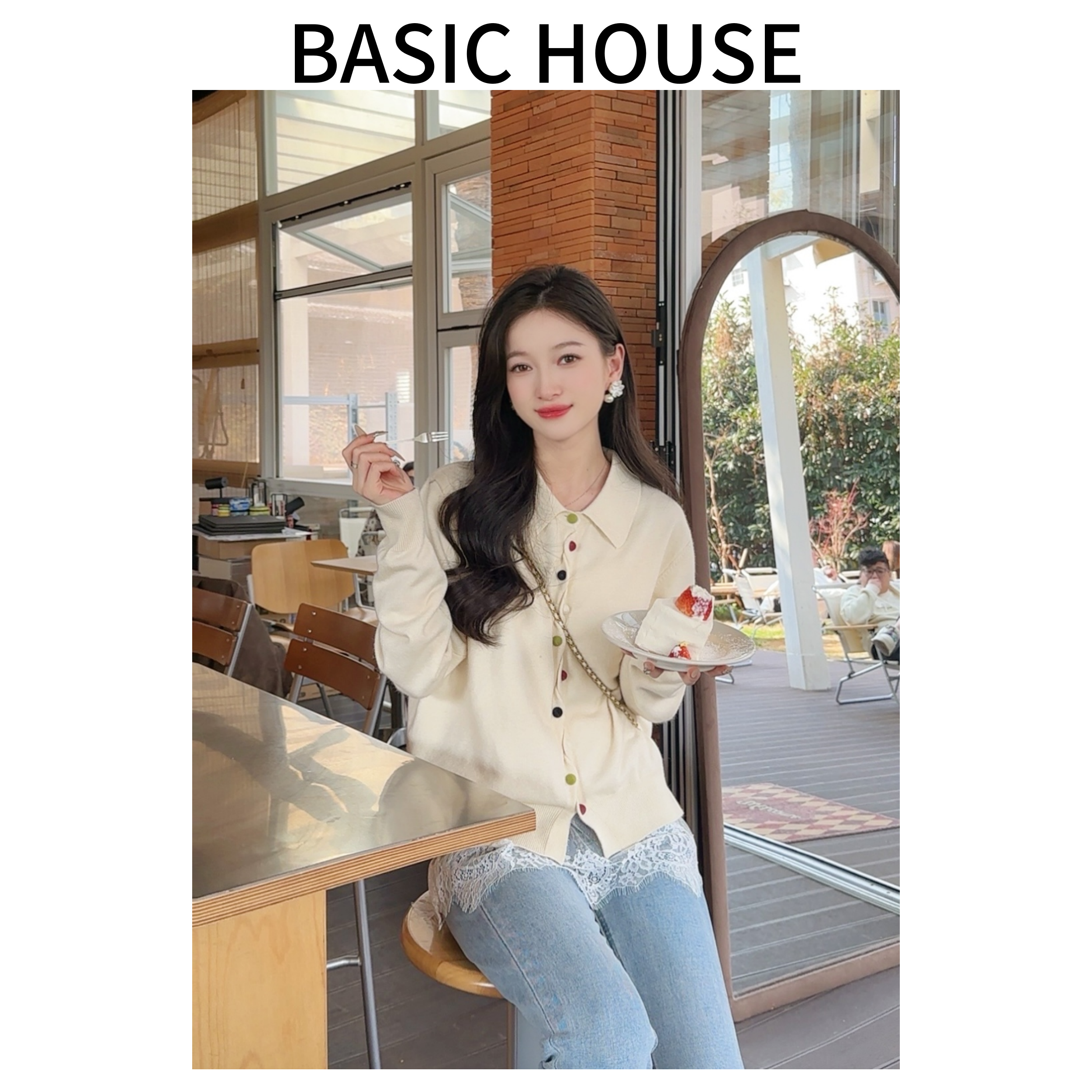 Basic House/百家好春季新款翻领时尚休闲百搭显瘦纯色针织衫女C