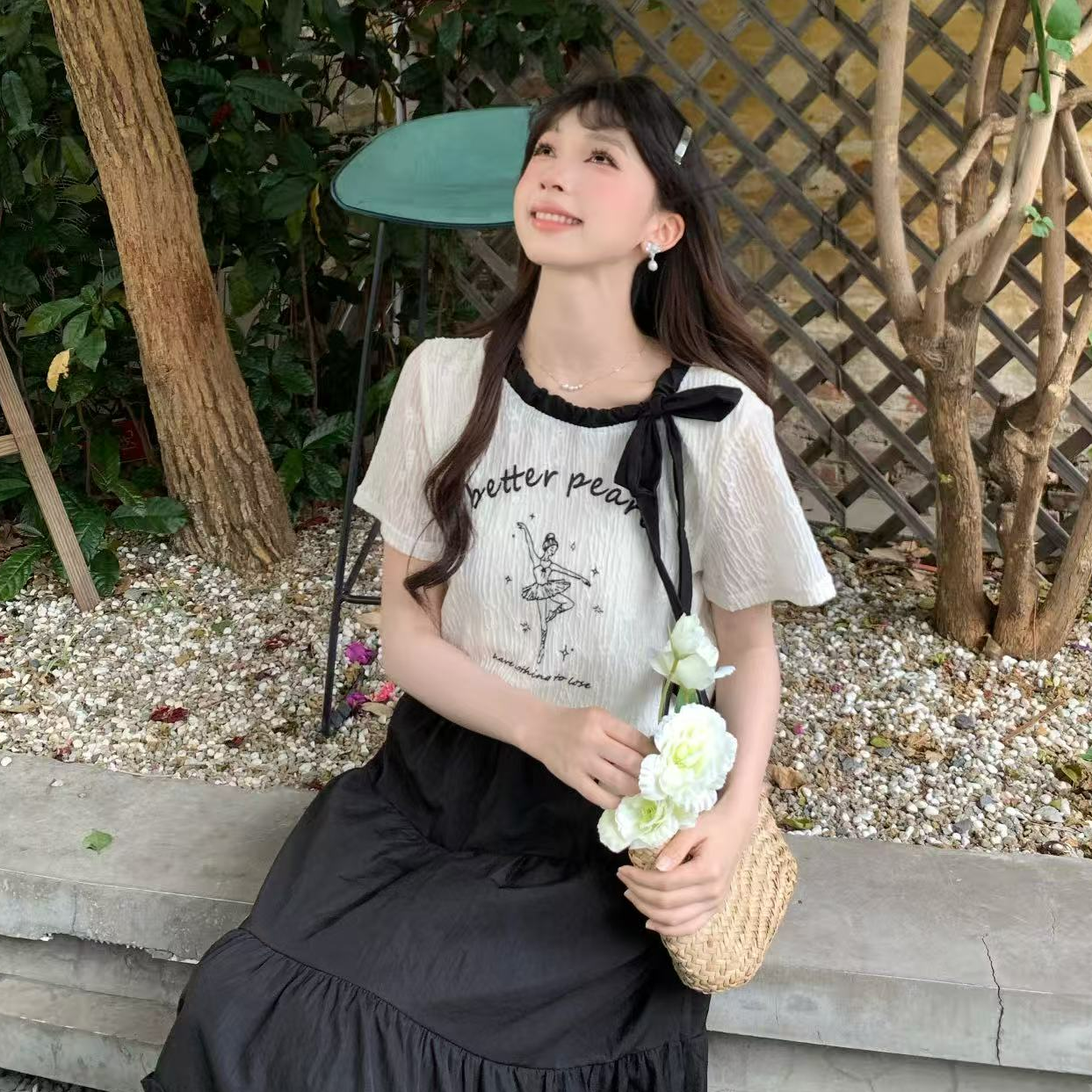 慕兔法式甜美系带短袖t恤女2025夏季新款设计小个子宽松薄款上衣