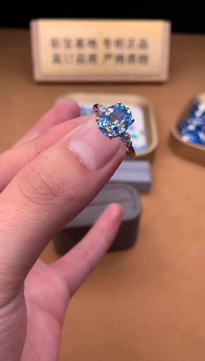 银S925镶嵌戒指海蓝宝石2222