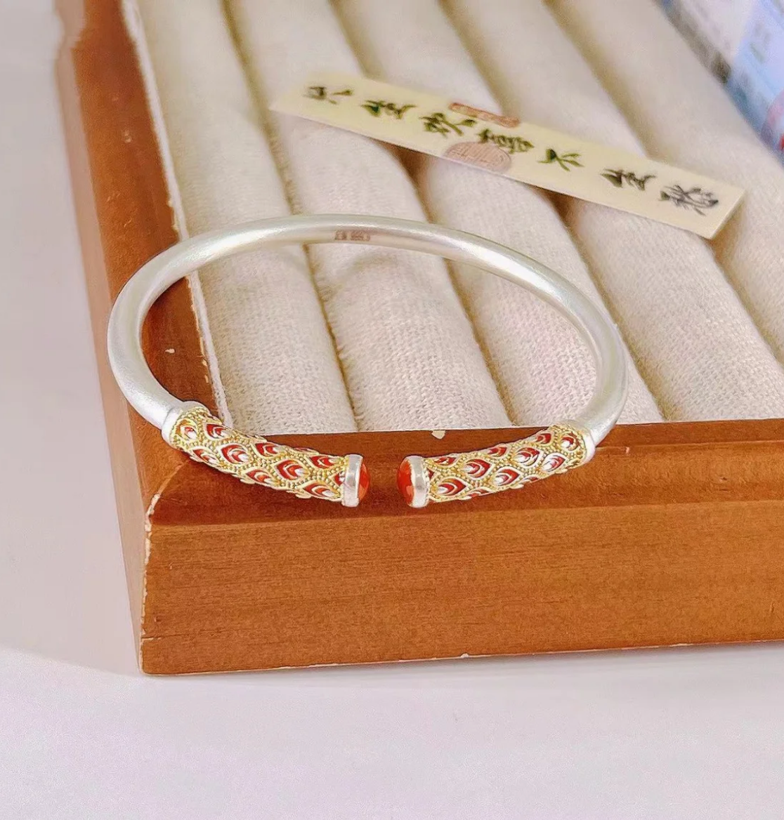 足银手镯 足银手镯浴火凤凰开口手镯金凤翎描珐琅新中式国风