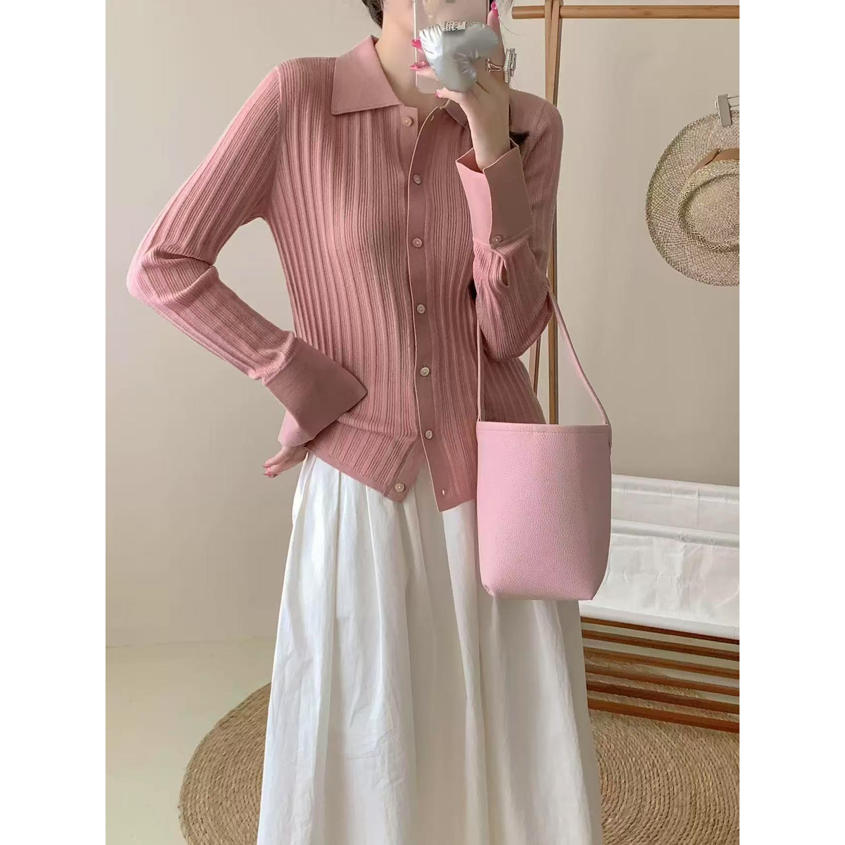 100精纺绵羊毛可机洗POLO领女式羊毛开衫25DAK0099
