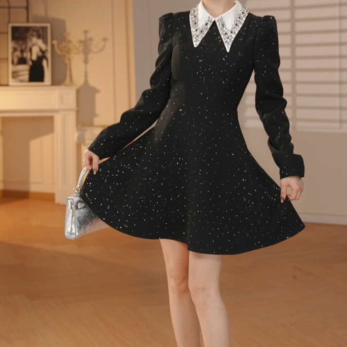 【香香原创】修身风韩版春夏闪亮连衣裙赫本风长袖小个子名媛21934