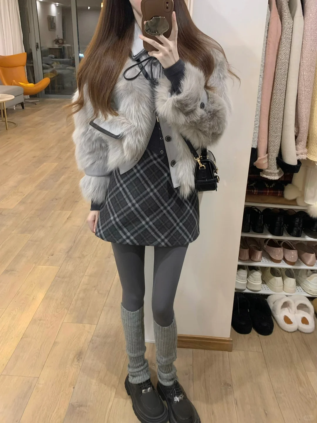 2025秋冬新款韩系小香风翻领毛毛拼接外套女搭配半裙气质两件套女