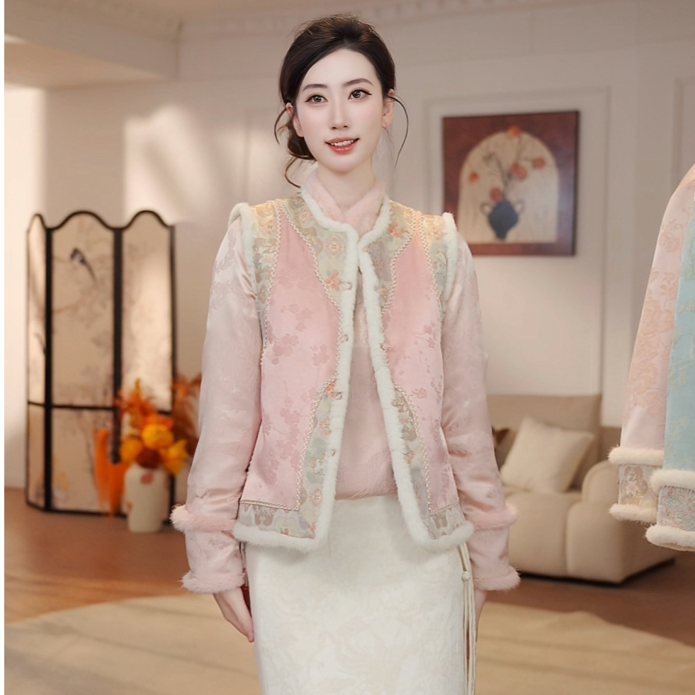 知知推荐《冬禧》欢喜仙驹桑蚕丝水貂毛冬季茶香宋锦双面马甲6625