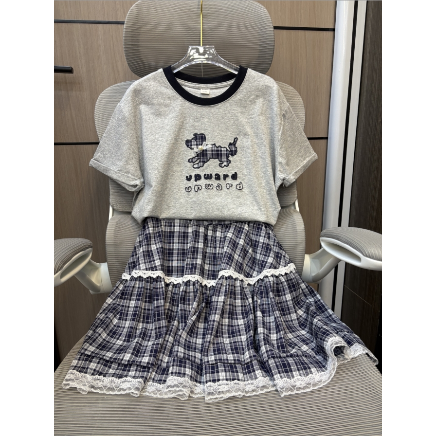 【断码清货】2025夏韩版格子小狗短袖半裙套装 D377 377 P
