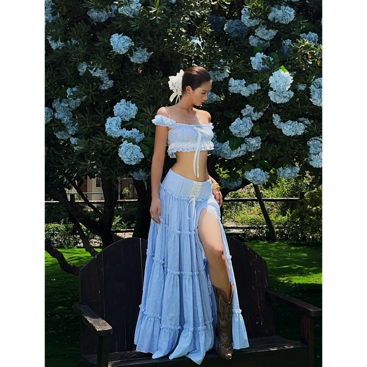 YoungerLady 超仙纯欲浅蓝色套装女泡泡袖抹胸上衣半身裙两件套