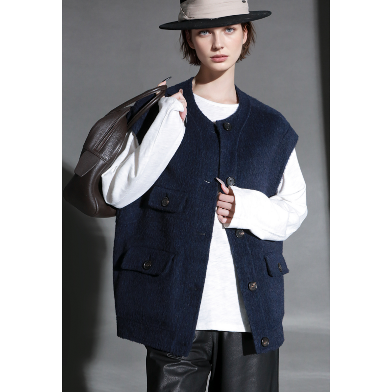 Meili-双面双色棱格苏力纹理设计宽肩马甲羊毛呢外套PI25A0346