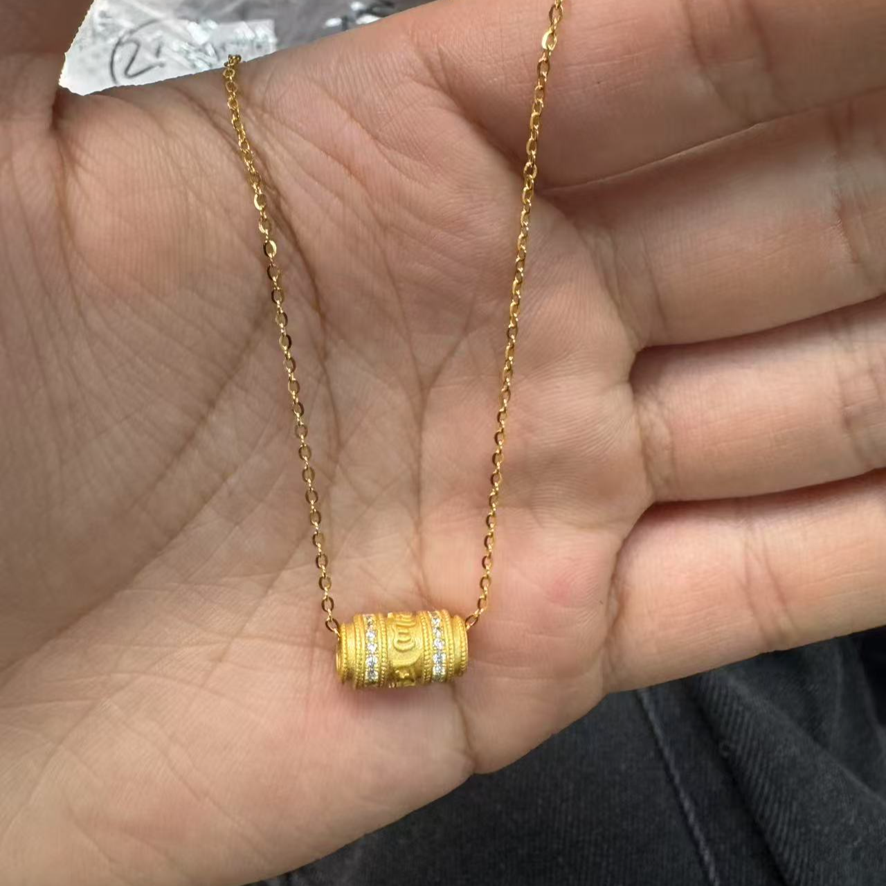 九乐 坠链均925银合成锆石 金色真言护佑古法项链