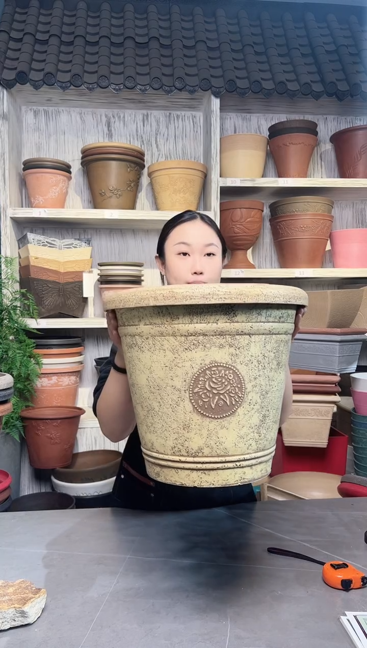 38*33米黄色手工浮雕纹理大花盆外贸尾单