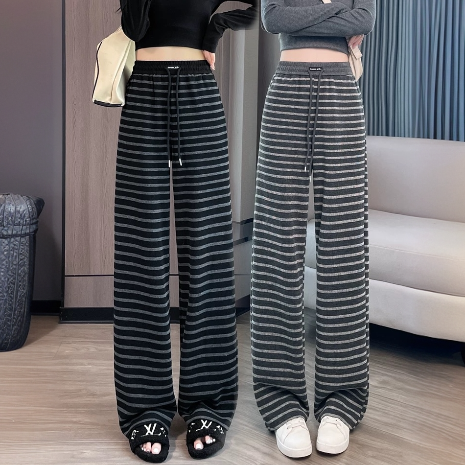 2025秋冬复古针织流行条纹窄版阔腿裤女松紧腰显瘦加绒直筒休闲裤