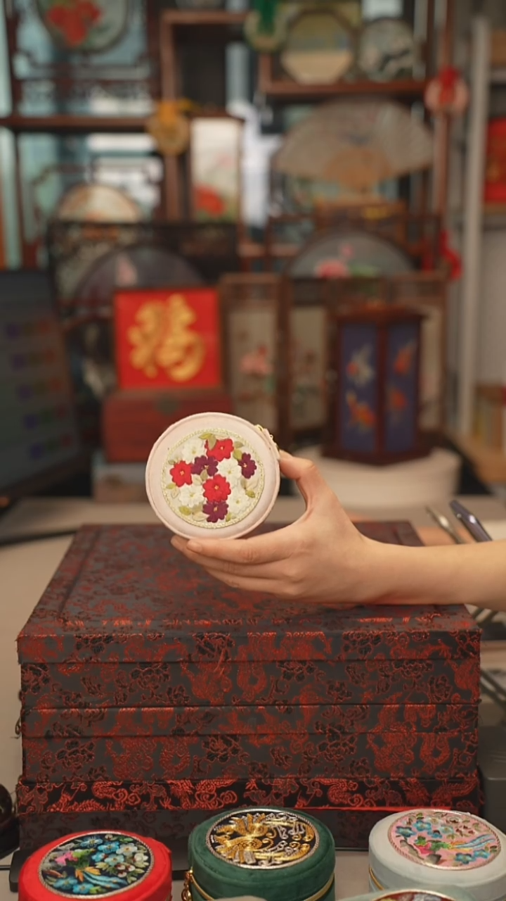 扇子首饰盒 绣花双面非遗