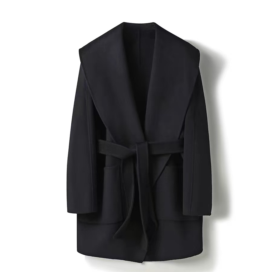 2025山羊绒~大翻领内穿腰带宽松中长款双面呢外套秋女羊毛大衣