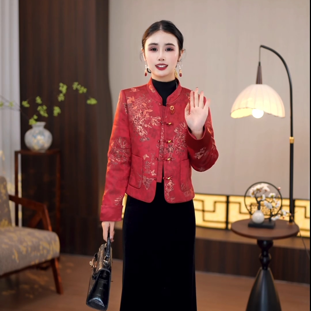 2025冬款新中式国风锦棠瑞枝盘扣夹棉外套M-4XL