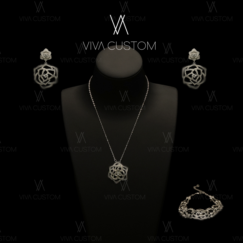 合金合成锆石项链 法式浪漫满镶银白玫瑰套装/