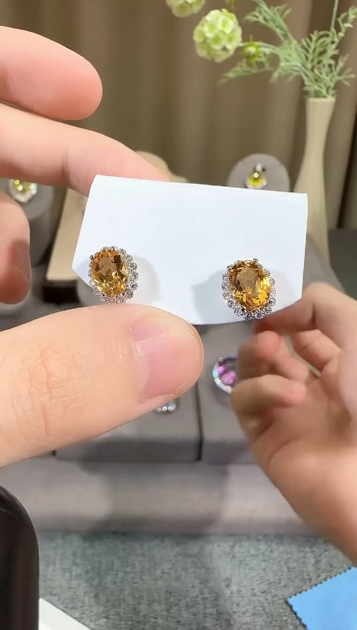 黄晶耳饰银S925镶嵌10*8mm耳钉简约款