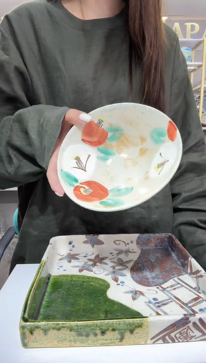 陶瓷中恒连次赤绘山茶花椭圆钵17cm