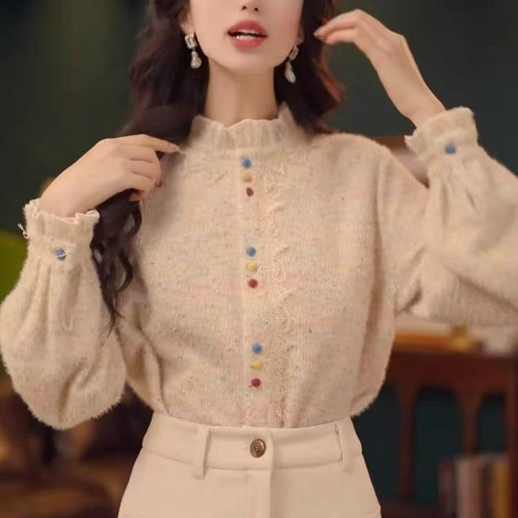 【彩虹糖果】超好看花边领粉色衬衫女冬季设计感彩色糖果上衣