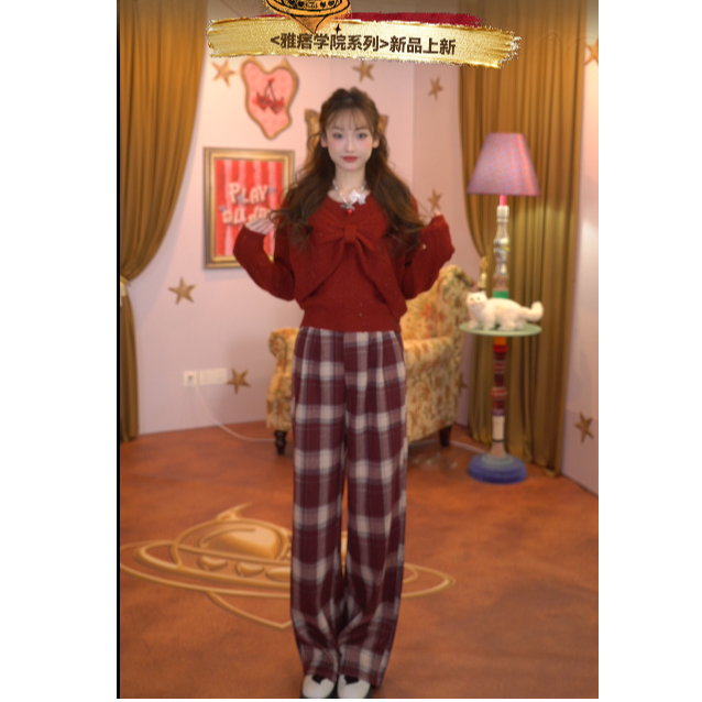 妖精的口袋格纹高腰宽松休闲裤2025秋季新款裤子百搭25410068