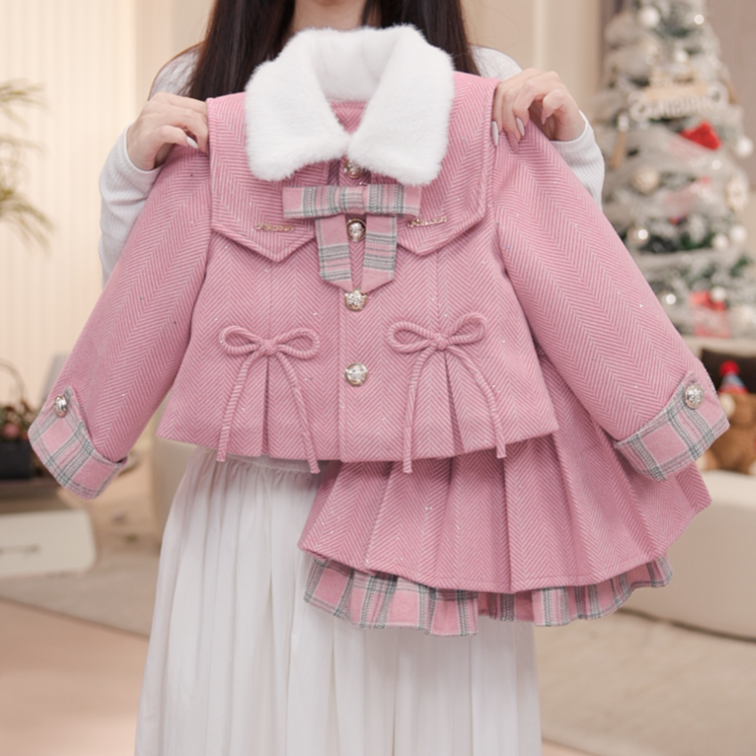 【马卡龙】女童冬加绒外套加厚裙子披肩套装休闲女孩两件套DS20042