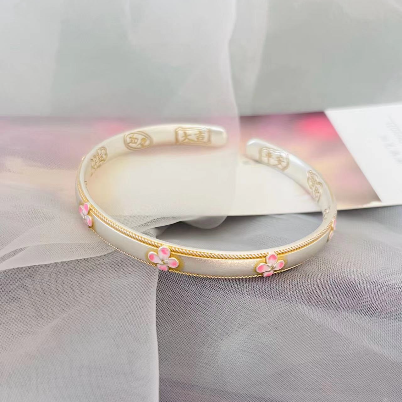 足银手镯 致爱一生足银999.9【粉.桃花】珐琅C口手镯