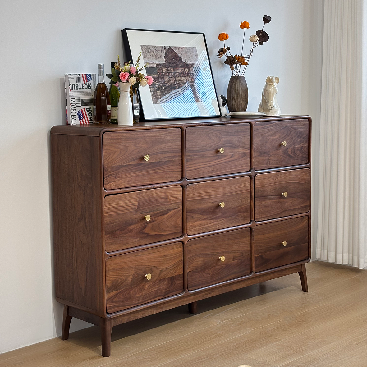 北美黑胡桃木实木九斗柜入户玄关柜卧室床尾柜储物柜客厅边柜